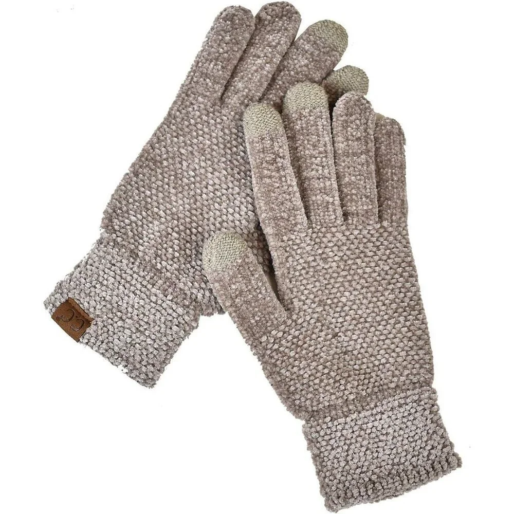 Women's Taupe Winter Warm Eco-friendly Knit Chenille Touchscreen Texting Gloves